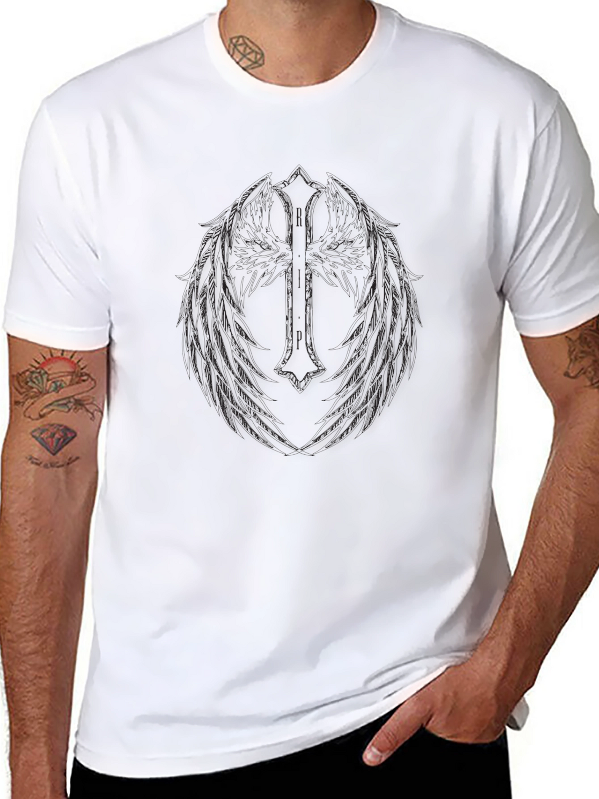 Mens Black Graphic Tee - Winged Cross Design