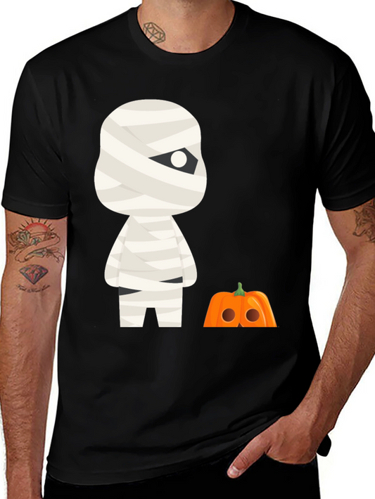 Halloween Mummy & Pumpkin Graphic Tee - Black Cotton Shirt