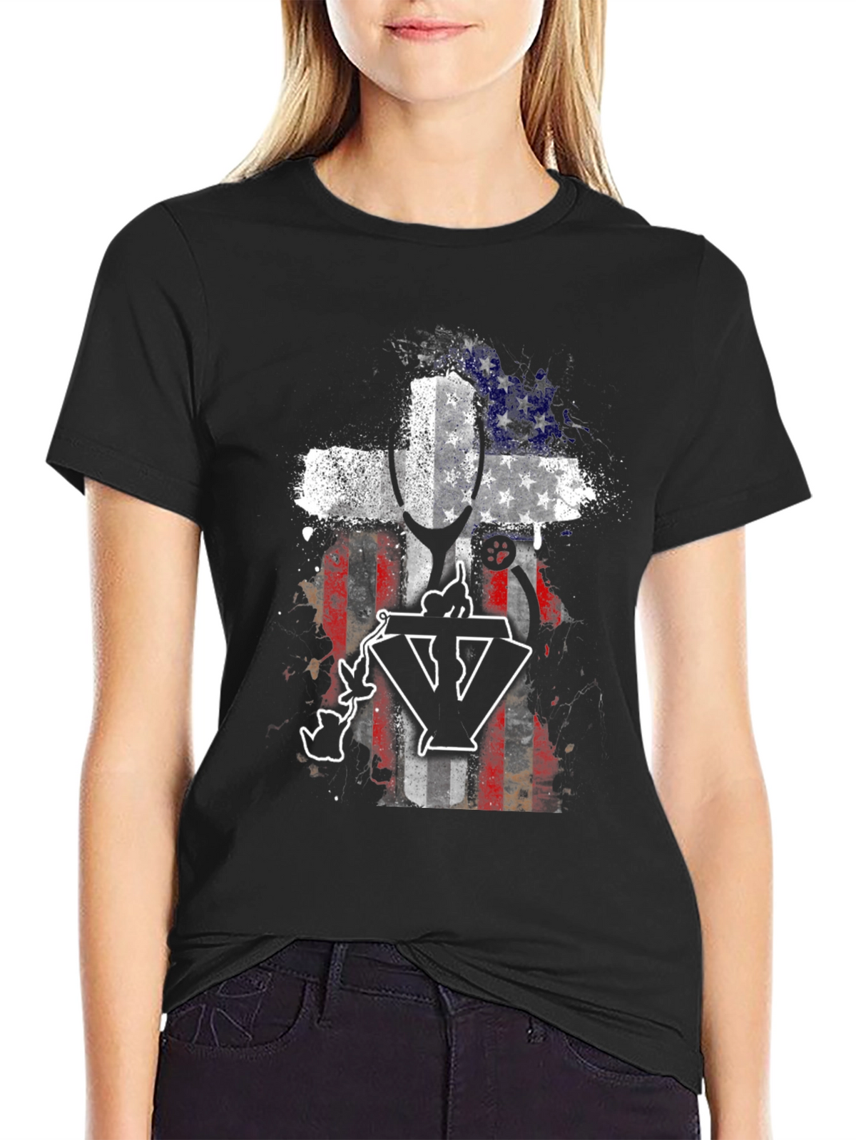 Patriotic Vet T-Shirt - USA Flag Cross Design