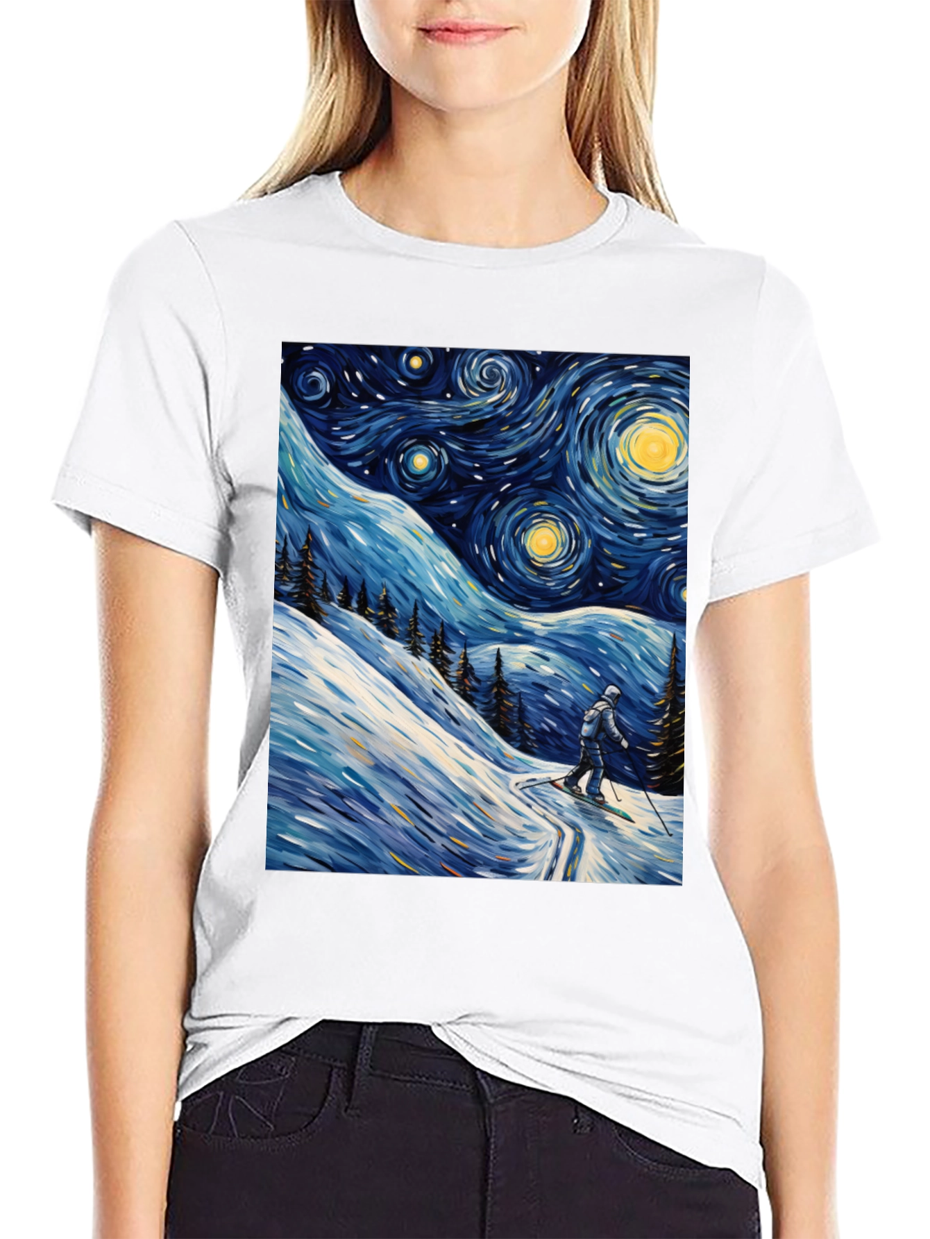 Starry Night Skiing Graphic Tee