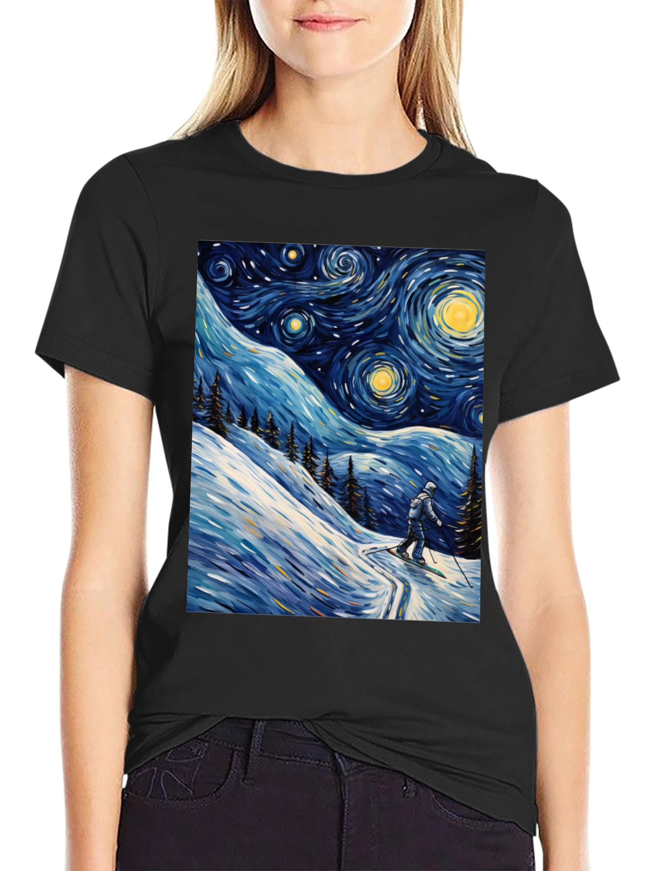Starry Night Skiing Graphic Tee