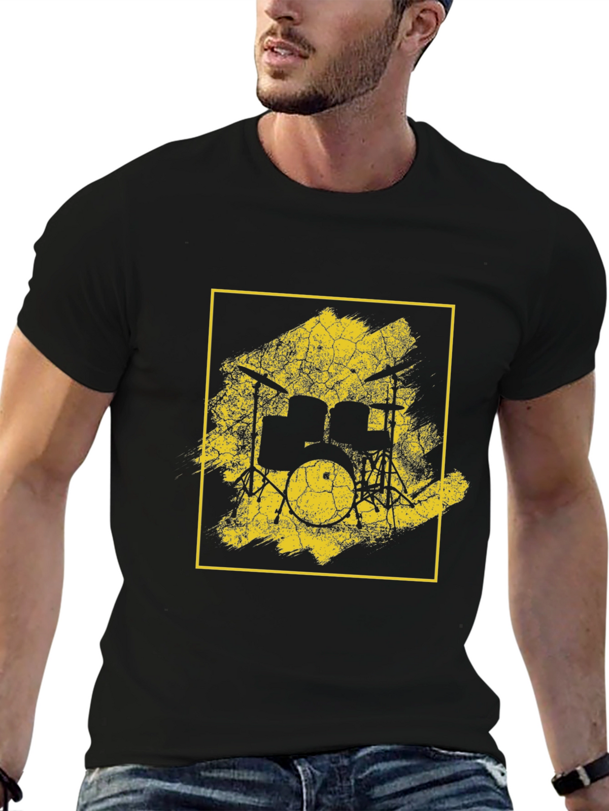 Distressed Drum Set Graphic Tee - Black