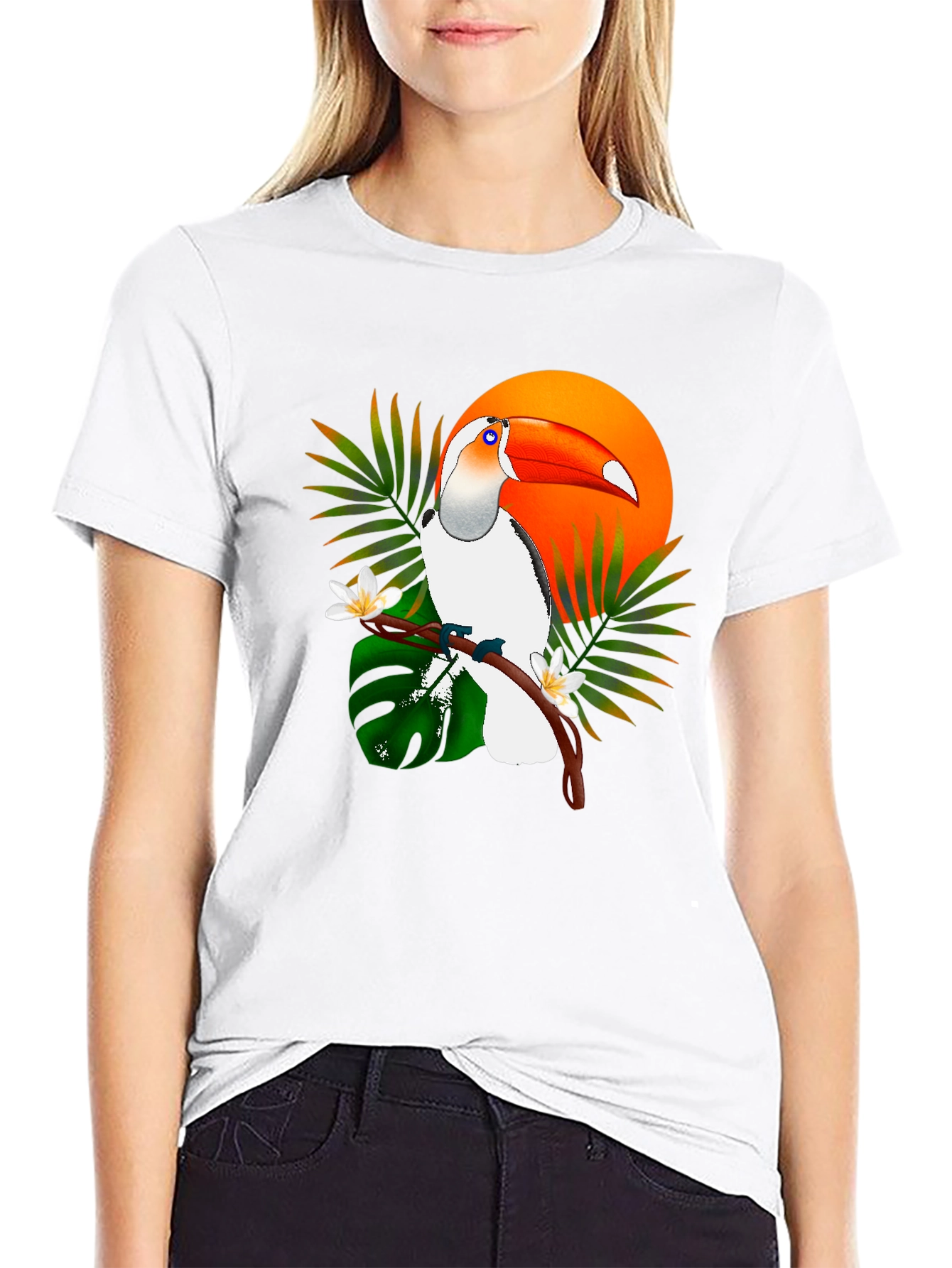 Tropical Toucan Graphic Tee - Black Cotton T-Shirt