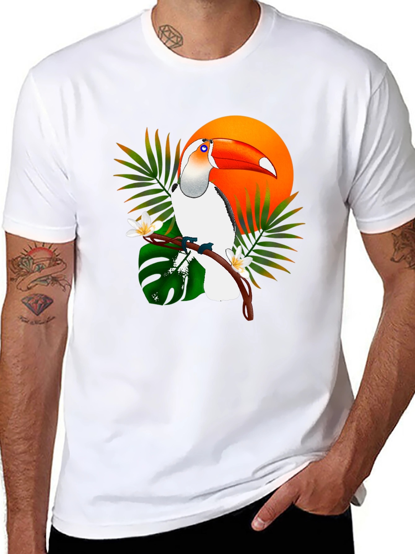 Tropical Toucan Graphic Tee - Black Cotton T-Shirt