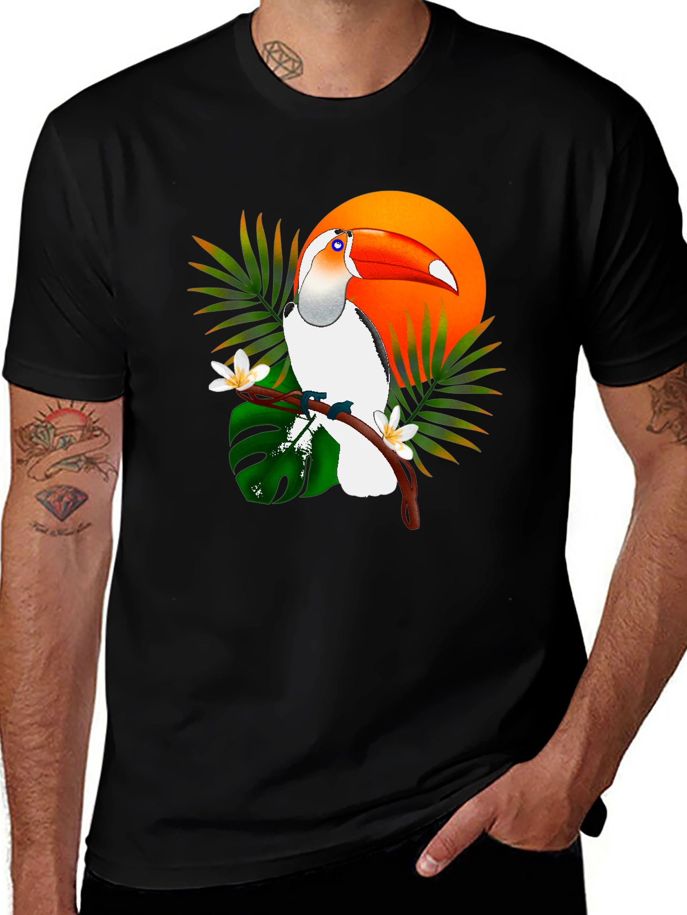 Tropical Toucan Graphic Tee - Black Cotton T-Shirt