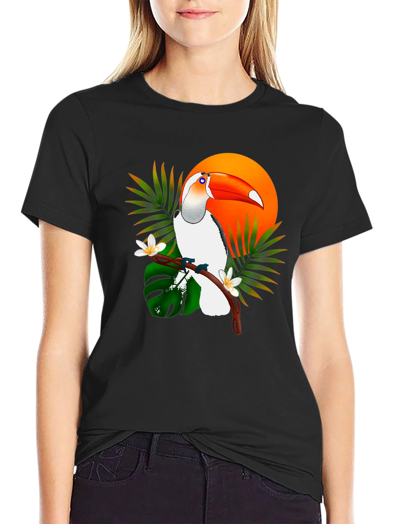 Tropical Toucan Graphic Tee - Black Cotton T-Shirt