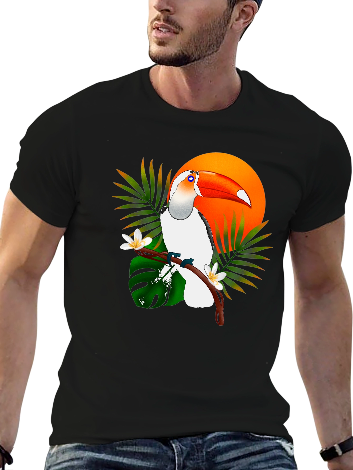 Tropical Toucan Graphic Tee - Black Cotton T-Shirt