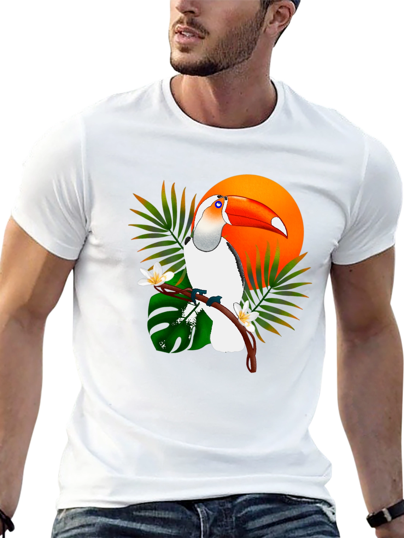 Tropical Toucan Graphic Tee - Black Cotton T-Shirt