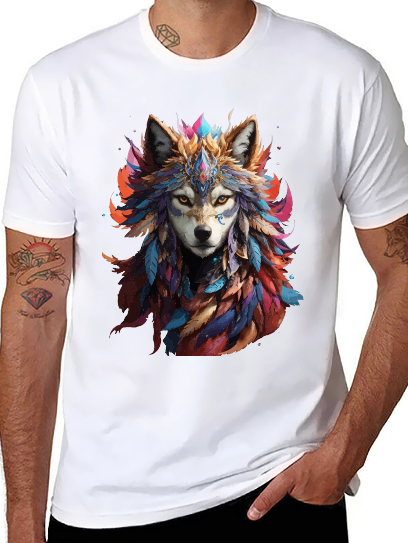 Wolf Feather Headdress Graphic Black T-Shirt