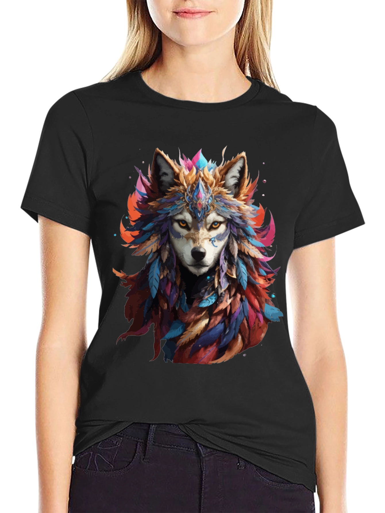 Wolf Feather Headdress Graphic Black T-Shirt