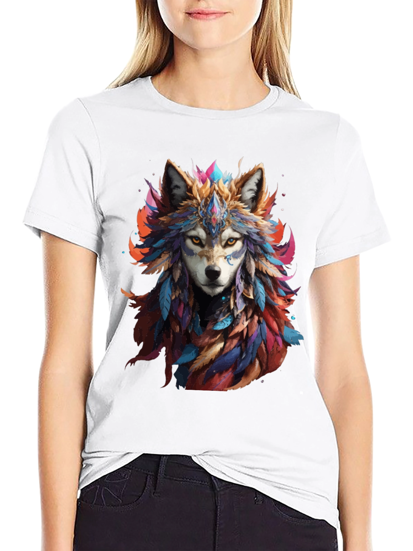 Wolf Feather Headdress Graphic Black T-Shirt