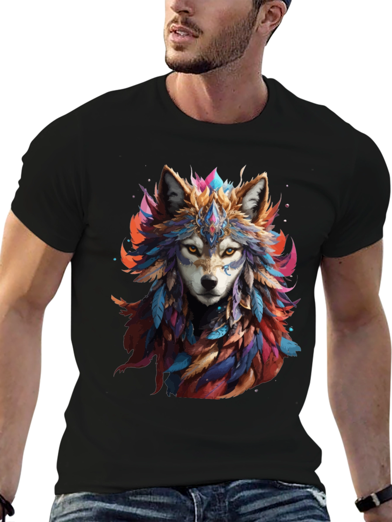 Wolf Feather Headdress Graphic Black T-Shirt