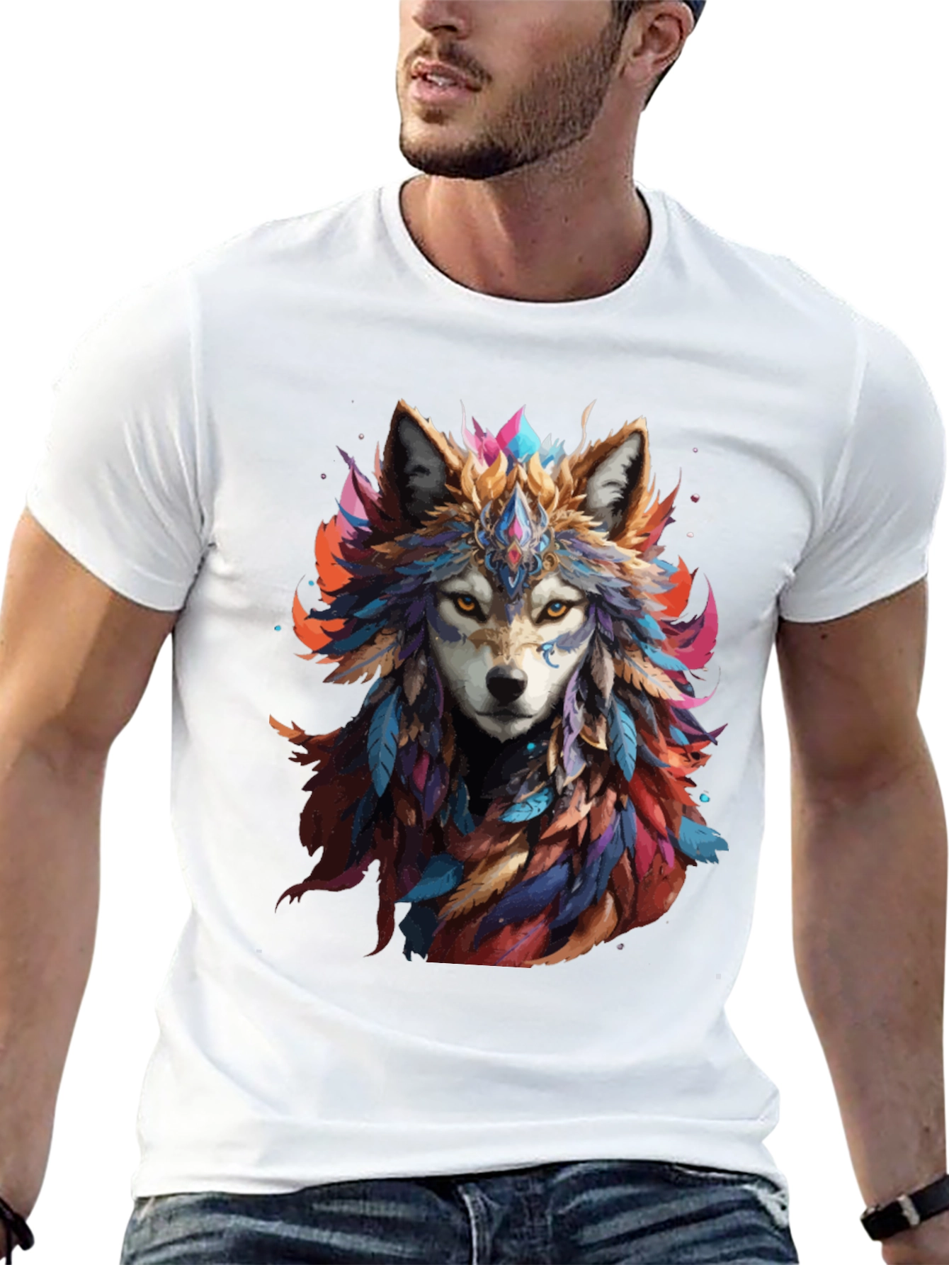 Wolf Feather Headdress Graphic Black T-Shirt