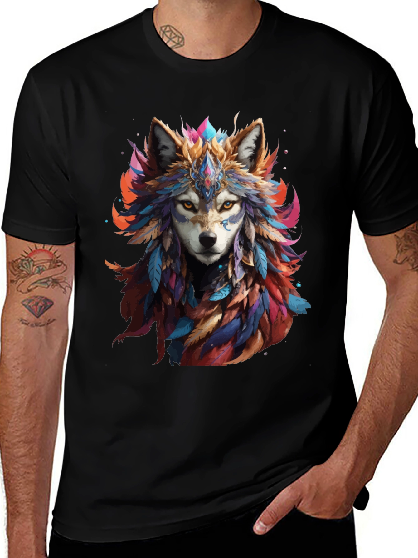 Wolf Feather Headdress Graphic Black T-Shirt