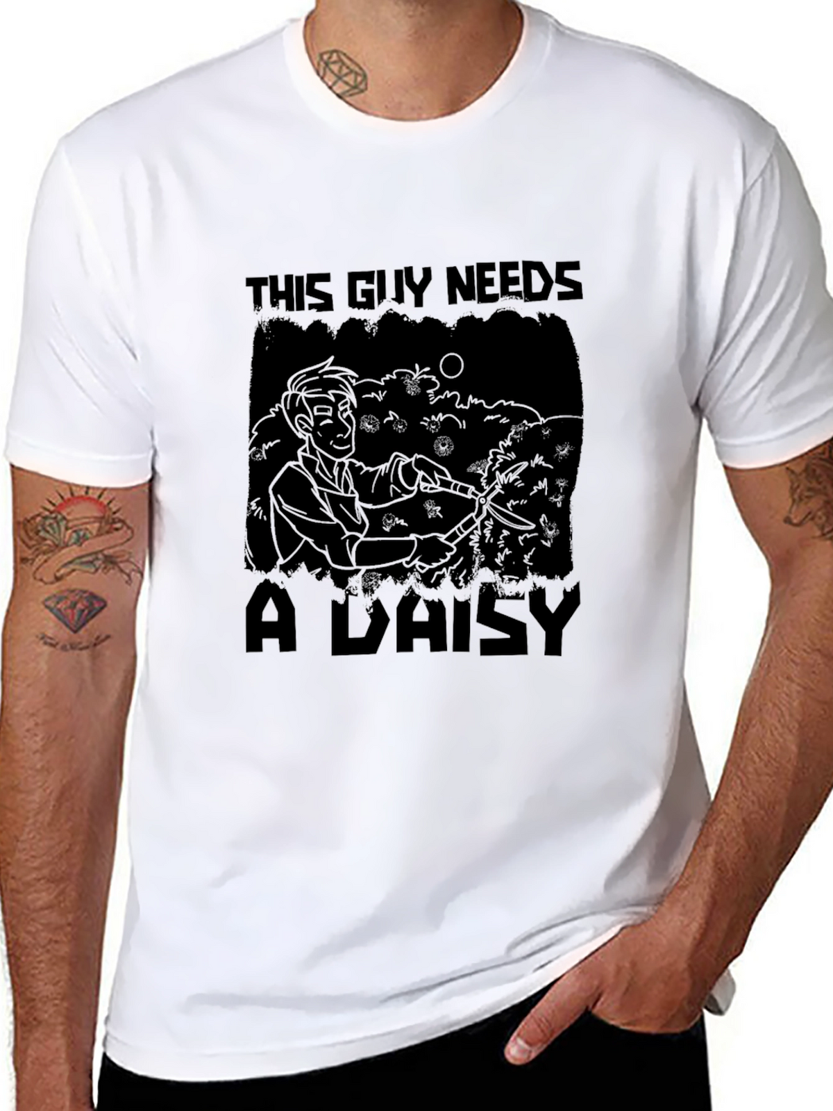 This Guy Needs a Daisy Black T-Shirt