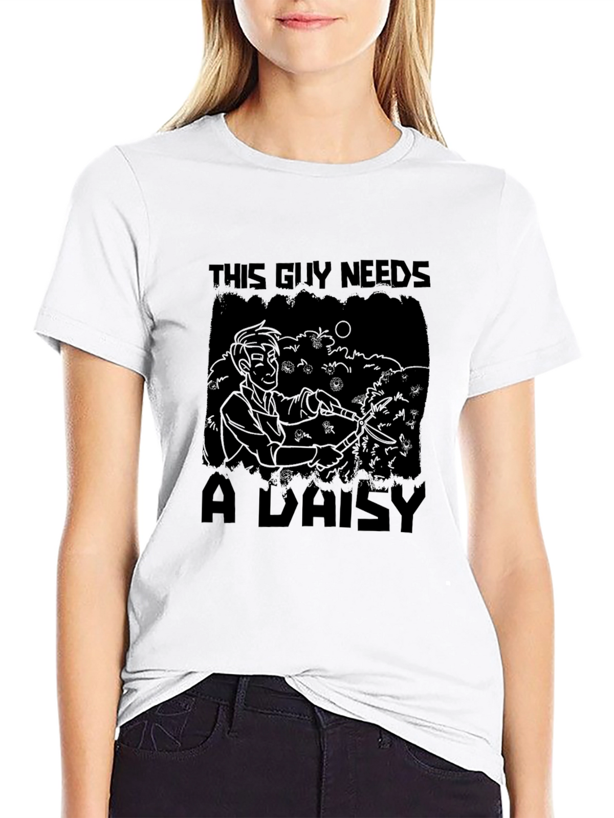 This Guy Needs a Daisy Black T-Shirt
