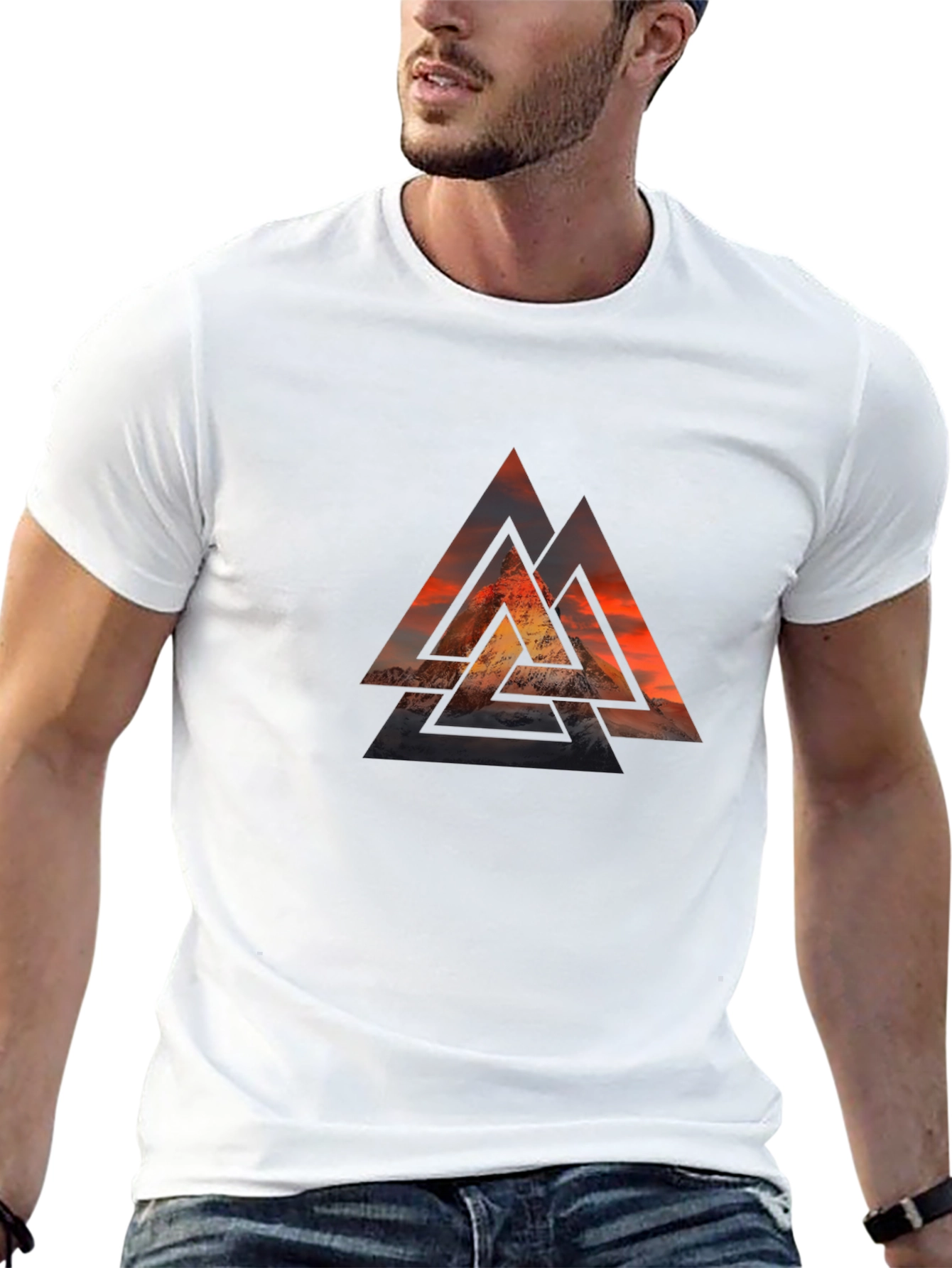 Black Graphic Tee with Geometric Mountain Design