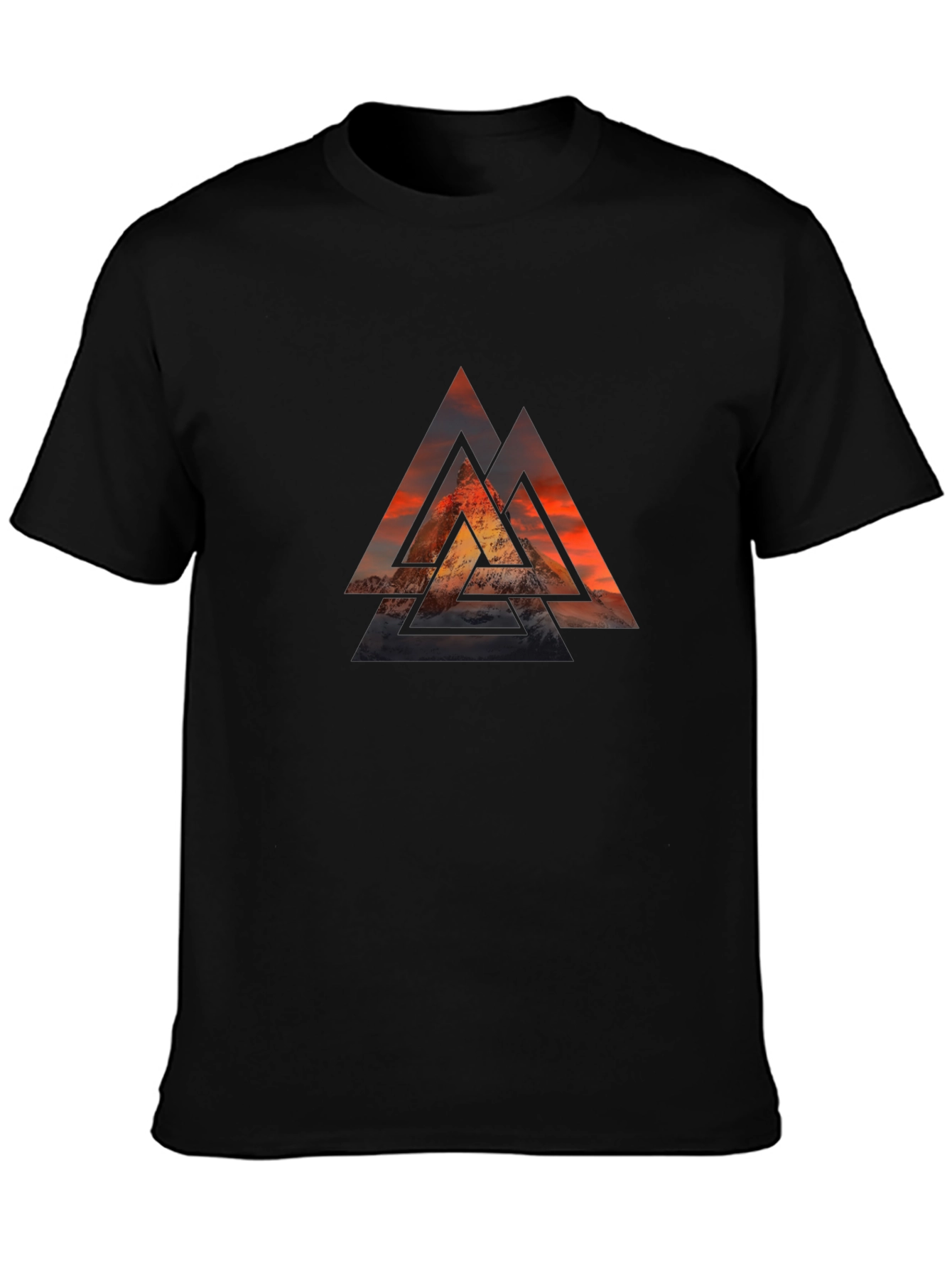 Black Graphic Tee with Geometric Mountain Design