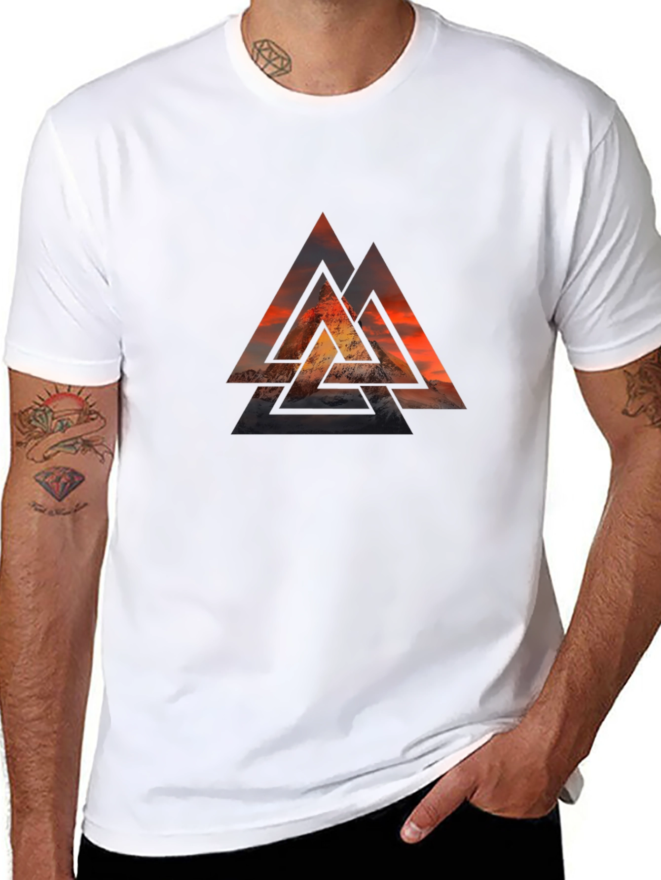 Black Graphic Tee with Geometric Mountain Design