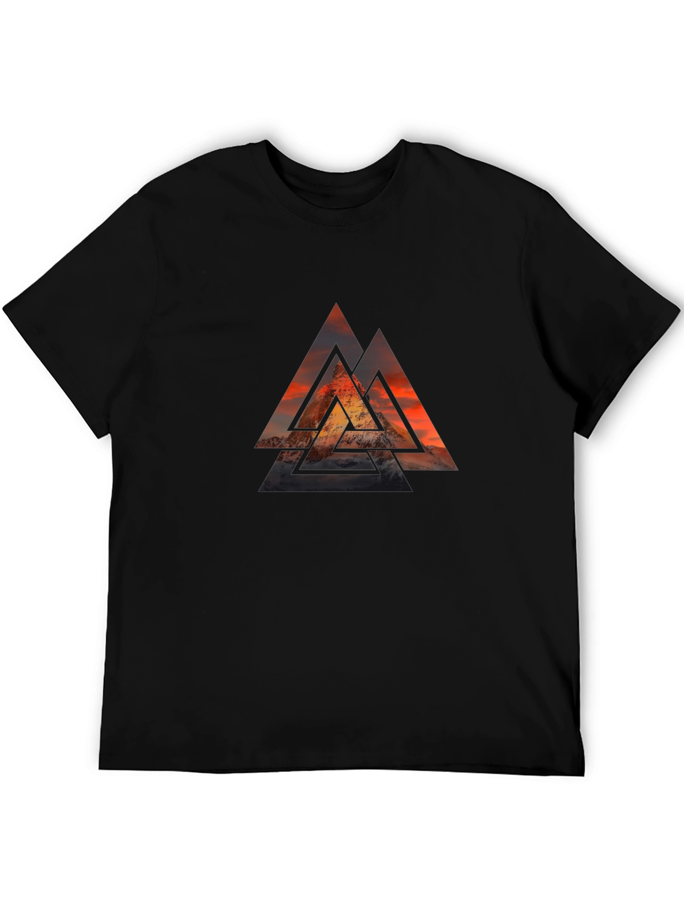 Black Graphic Tee with Geometric Mountain Design