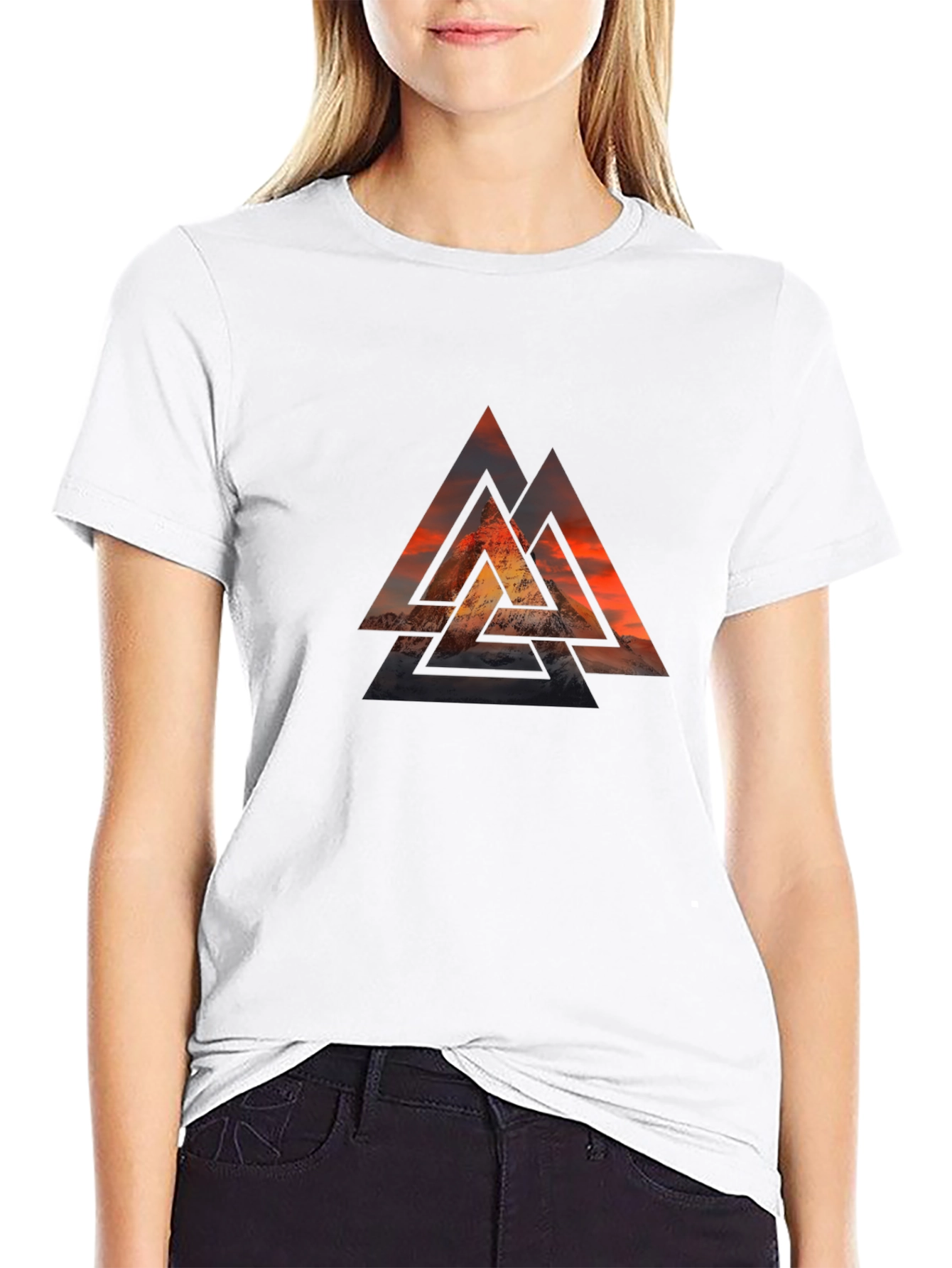 Black Graphic Tee with Geometric Mountain Design