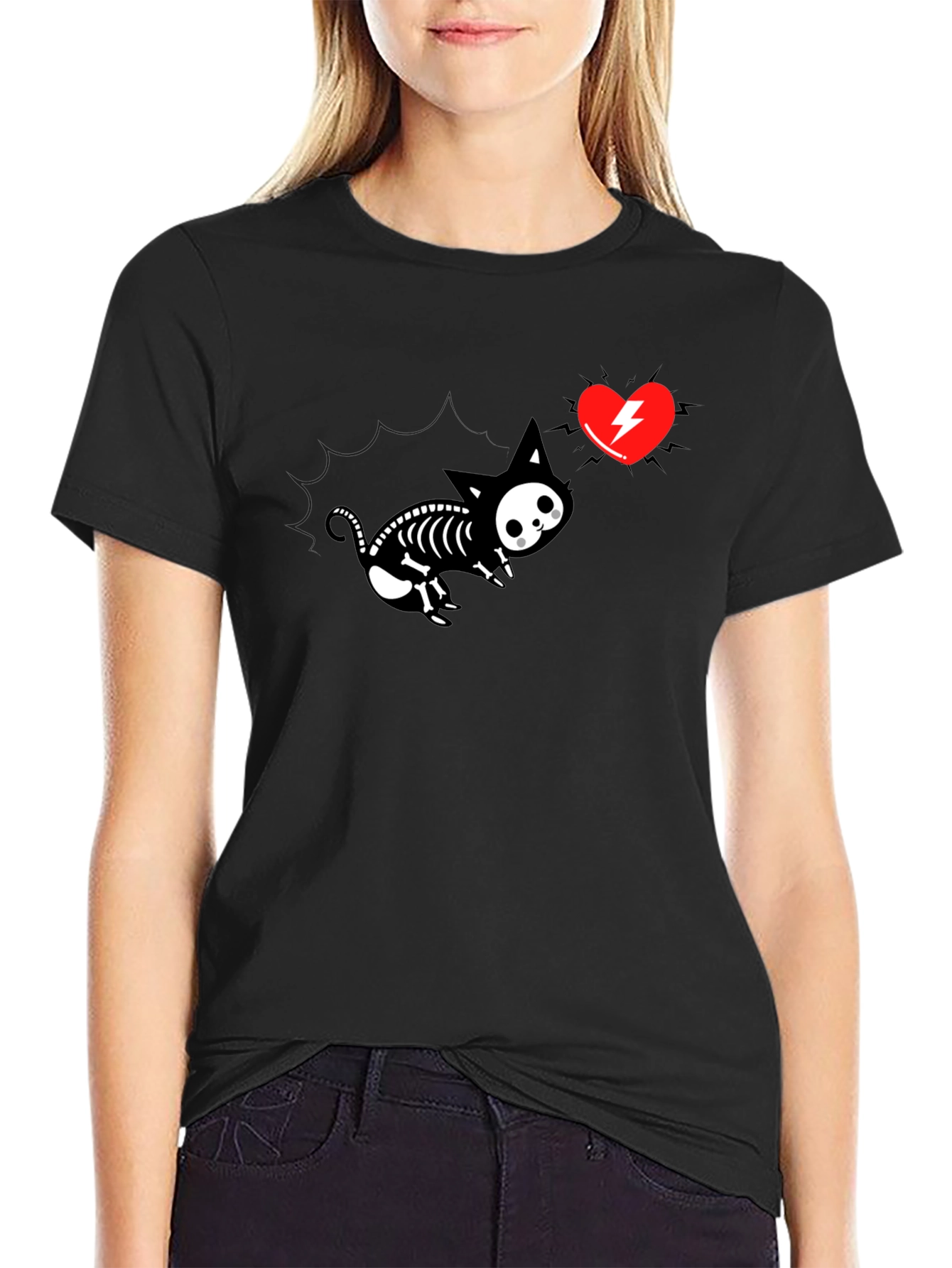 Skeleton Cat Tee with Electric Heart