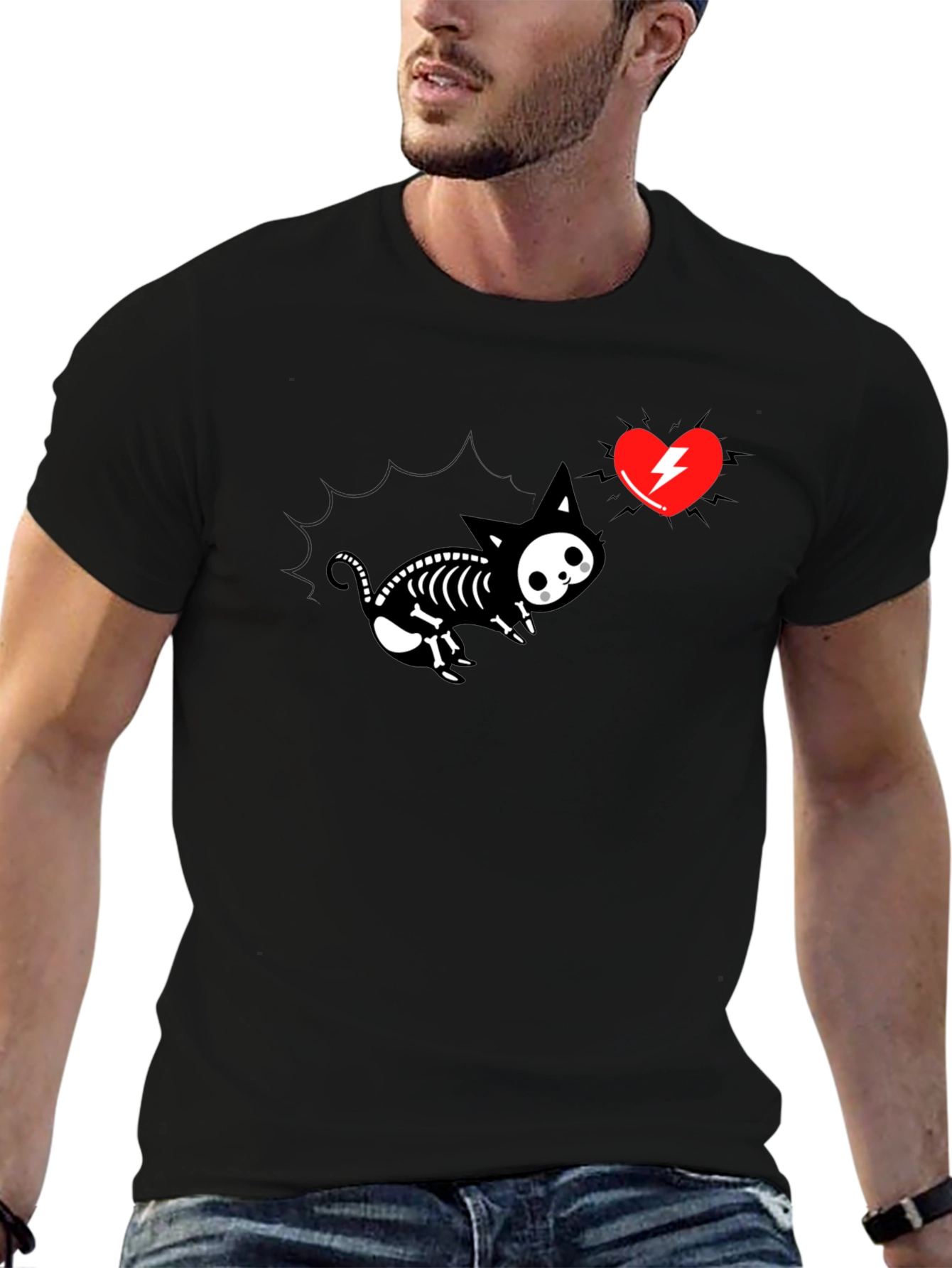 Skeleton Cat Tee with Electric Heart