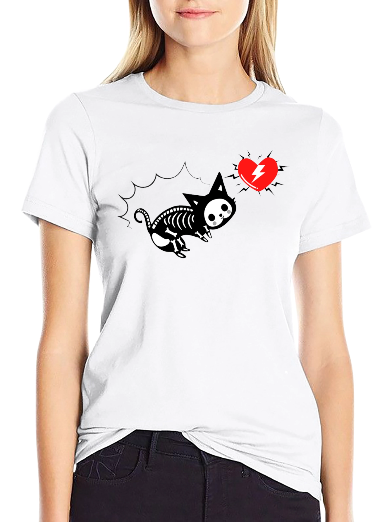 Skeleton Cat Tee with Electric Heart