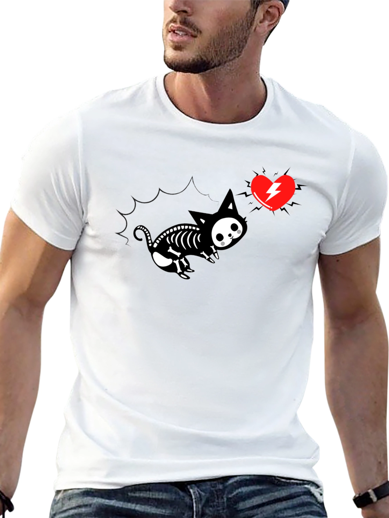 Skeleton Cat Tee with Electric Heart