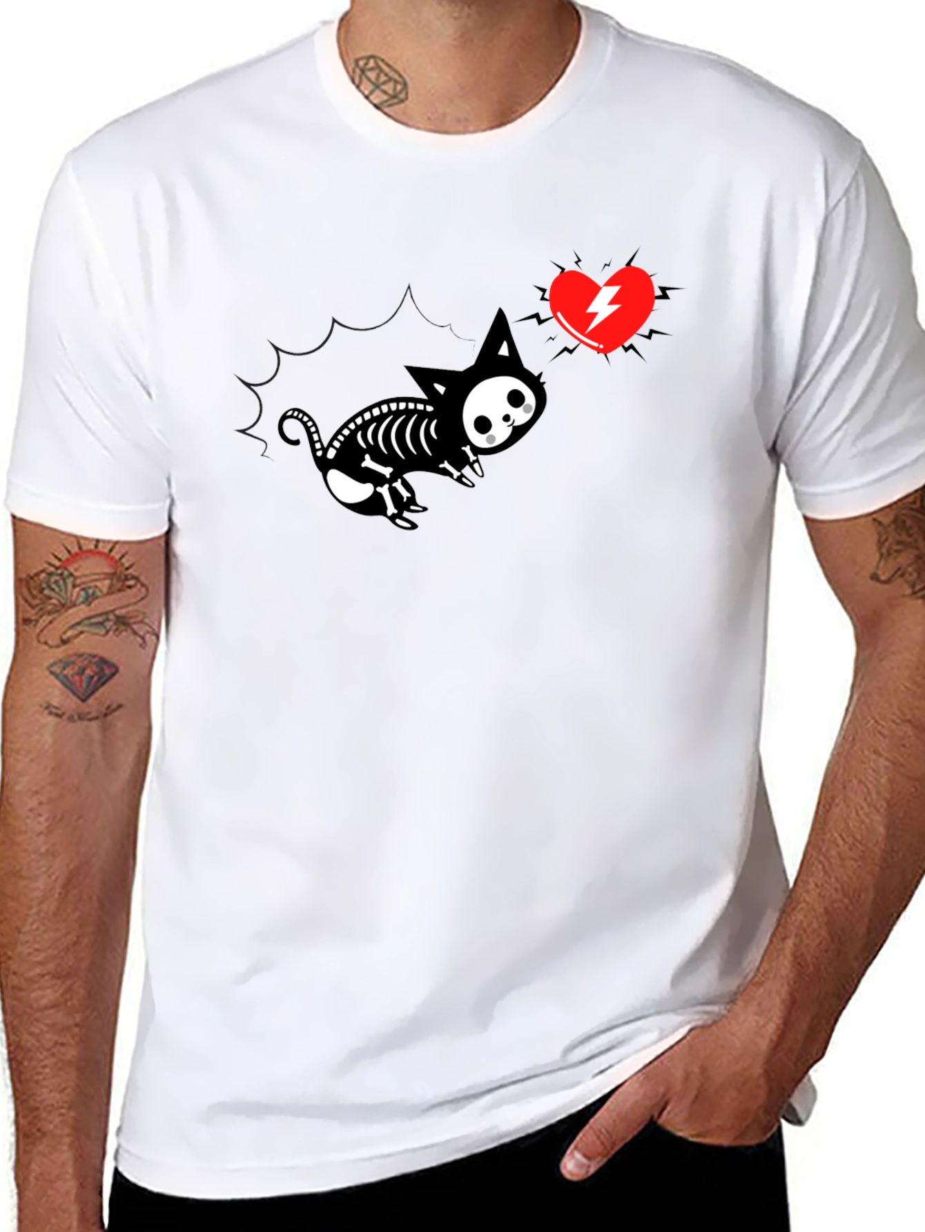 Skeleton Cat Tee with Electric Heart