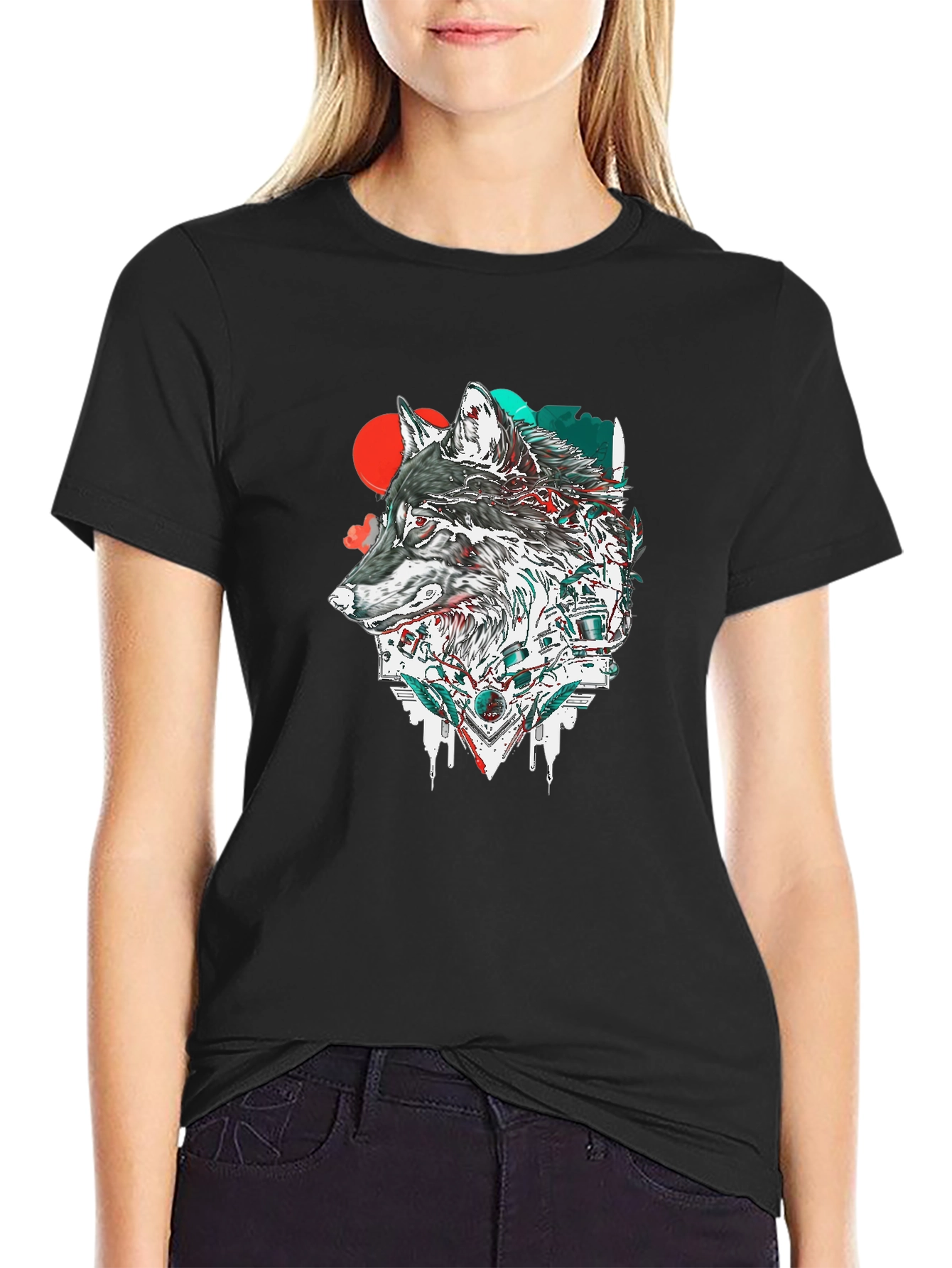 Wolf Graphic Print Black Crew Neck T-Shirt