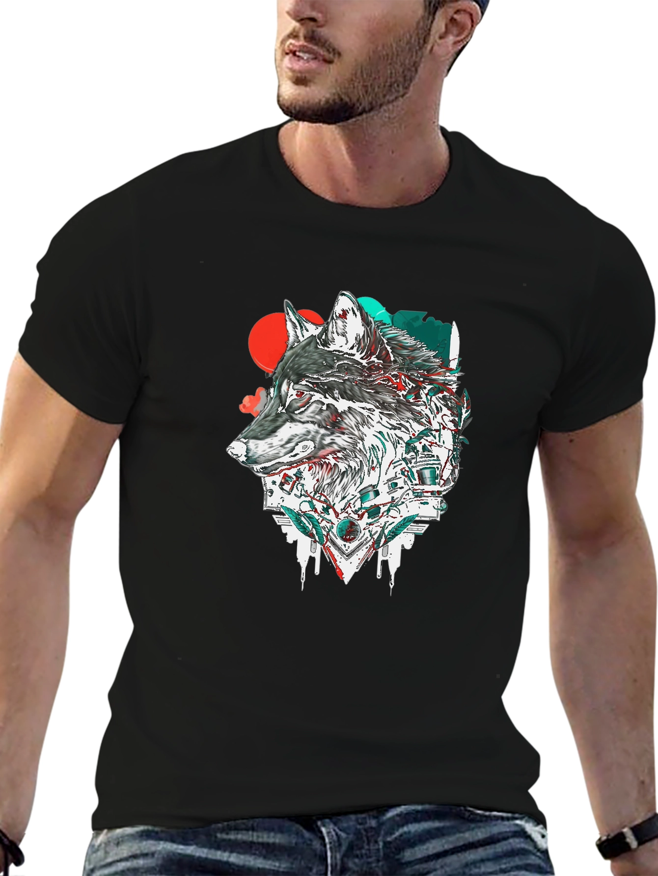 Wolf Graphic Print Black Crew Neck T-Shirt