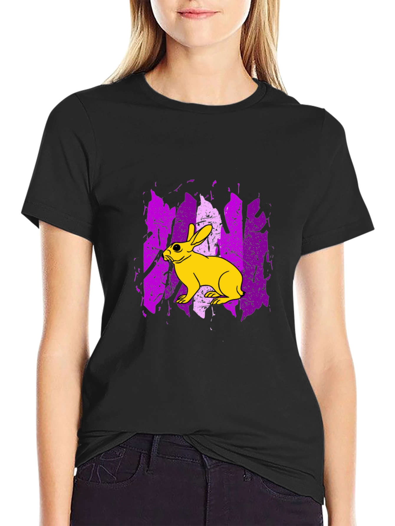 Rabbit Graphic Print Tee - Trendy Black T-Shirt
