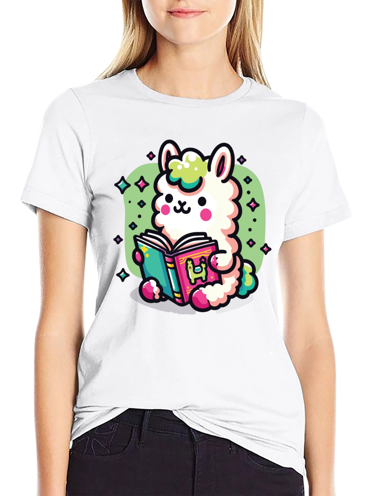 Kawaii Llama Reading T-Shirt - Unisex Black Tee