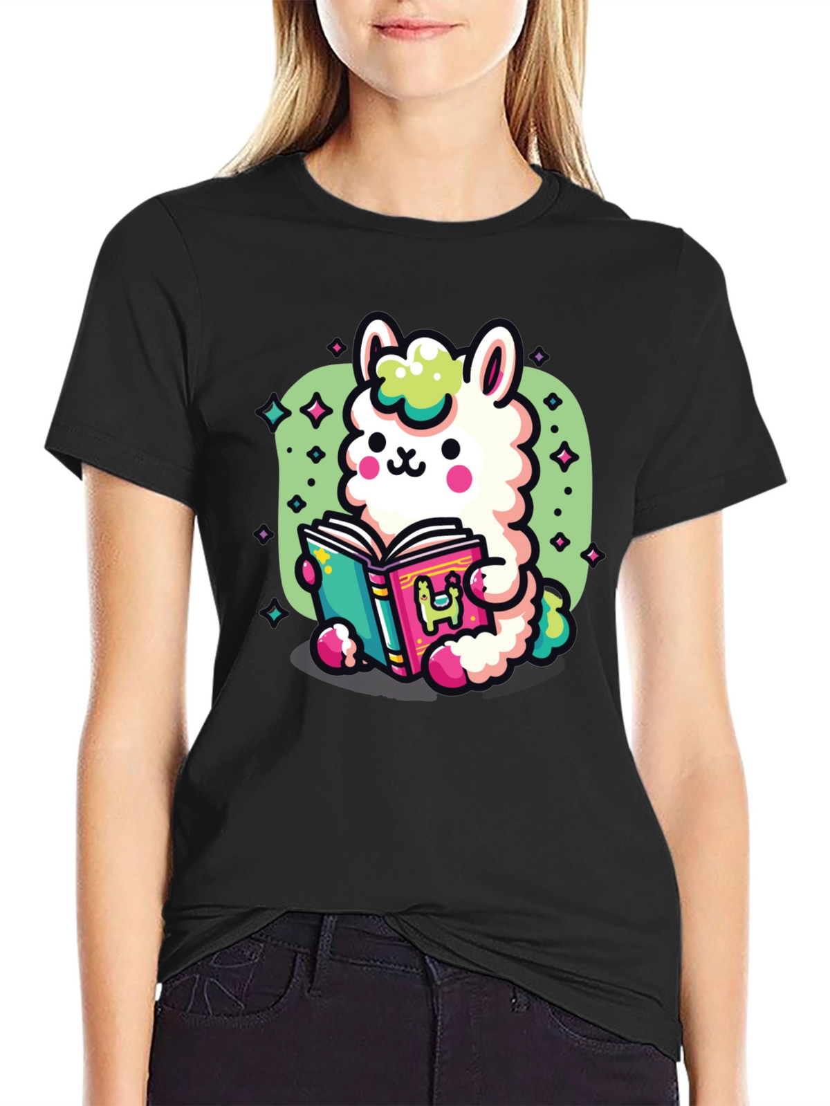 Kawaii Llama Reading T-Shirt - Unisex Black Tee
