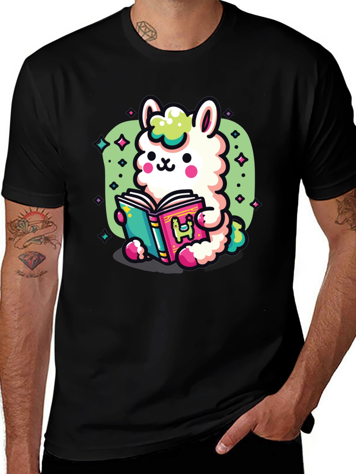 Kawaii Llama Reading T-Shirt - Unisex Black Tee