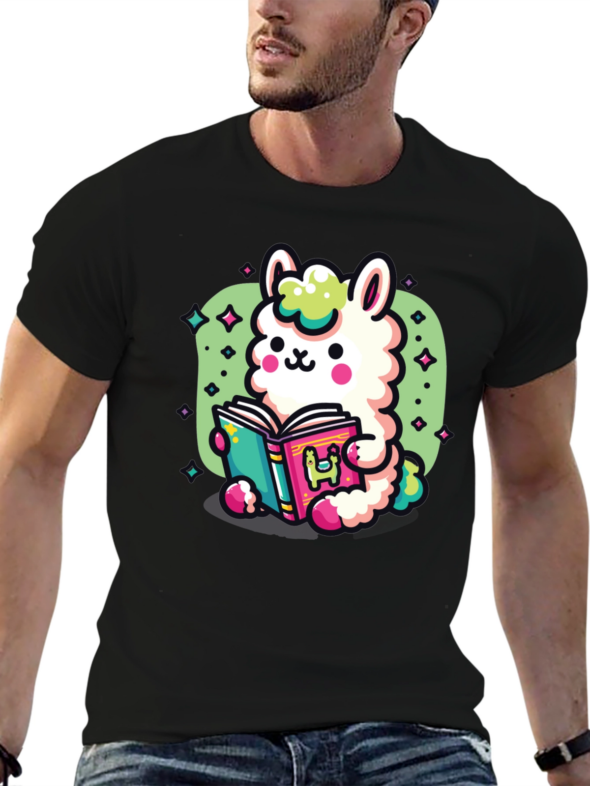 Kawaii Llama Reading T-Shirt - Unisex Black Tee