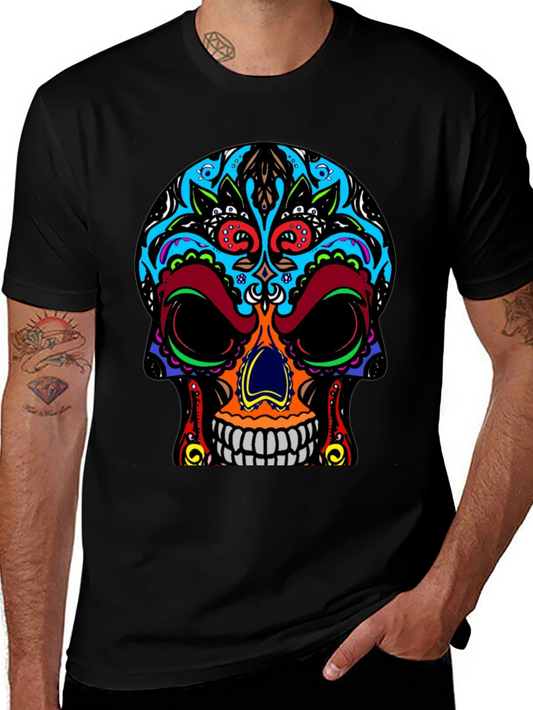 Vibrant Sugar Skull Graphic Tee - Mens Black Cotton T-Shirt