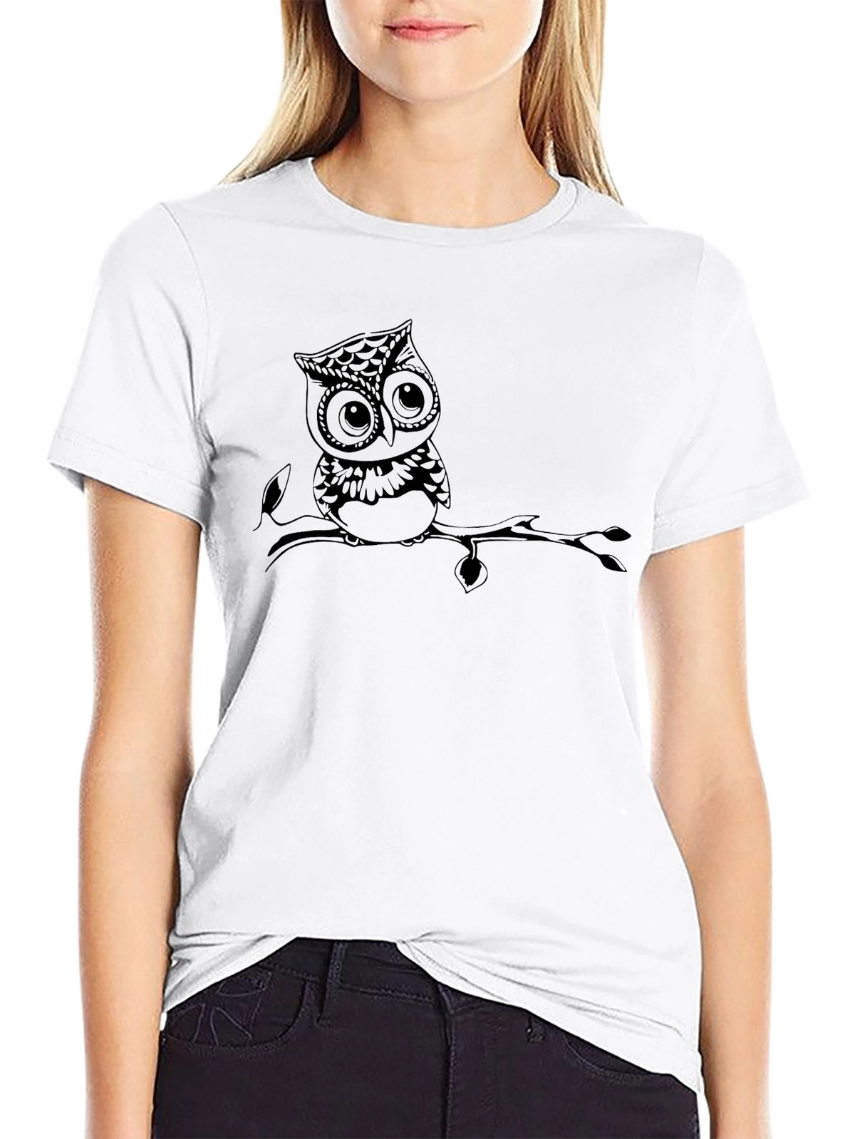 Owl on Branch Black T-Shirt
