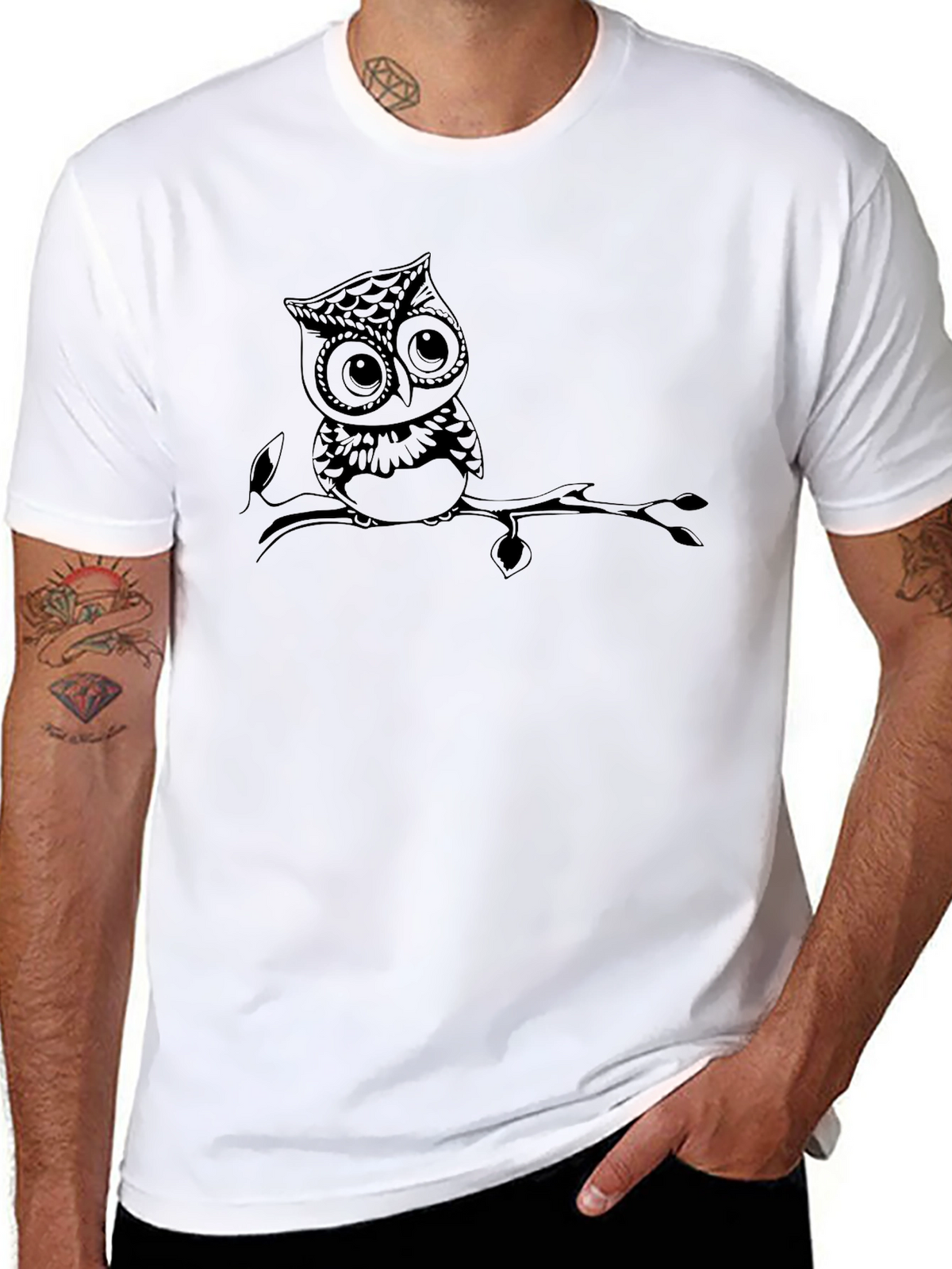 Owl on Branch Black T-Shirt