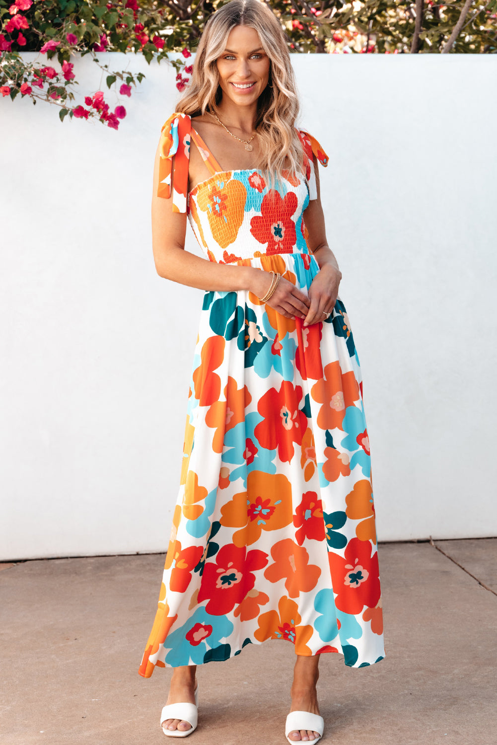 Orange Floral Self Tied Straps Smocked Bust Maxi Dress