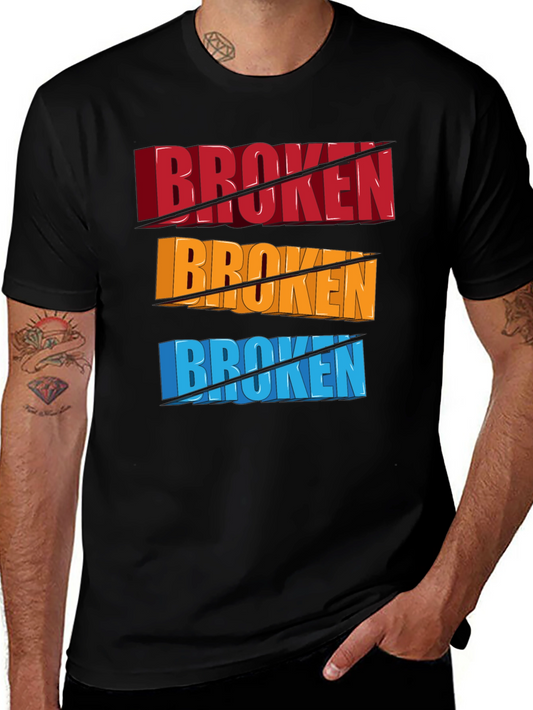 Broken Slogan Graphic Tee - Short Sleeve Black T-Shirt