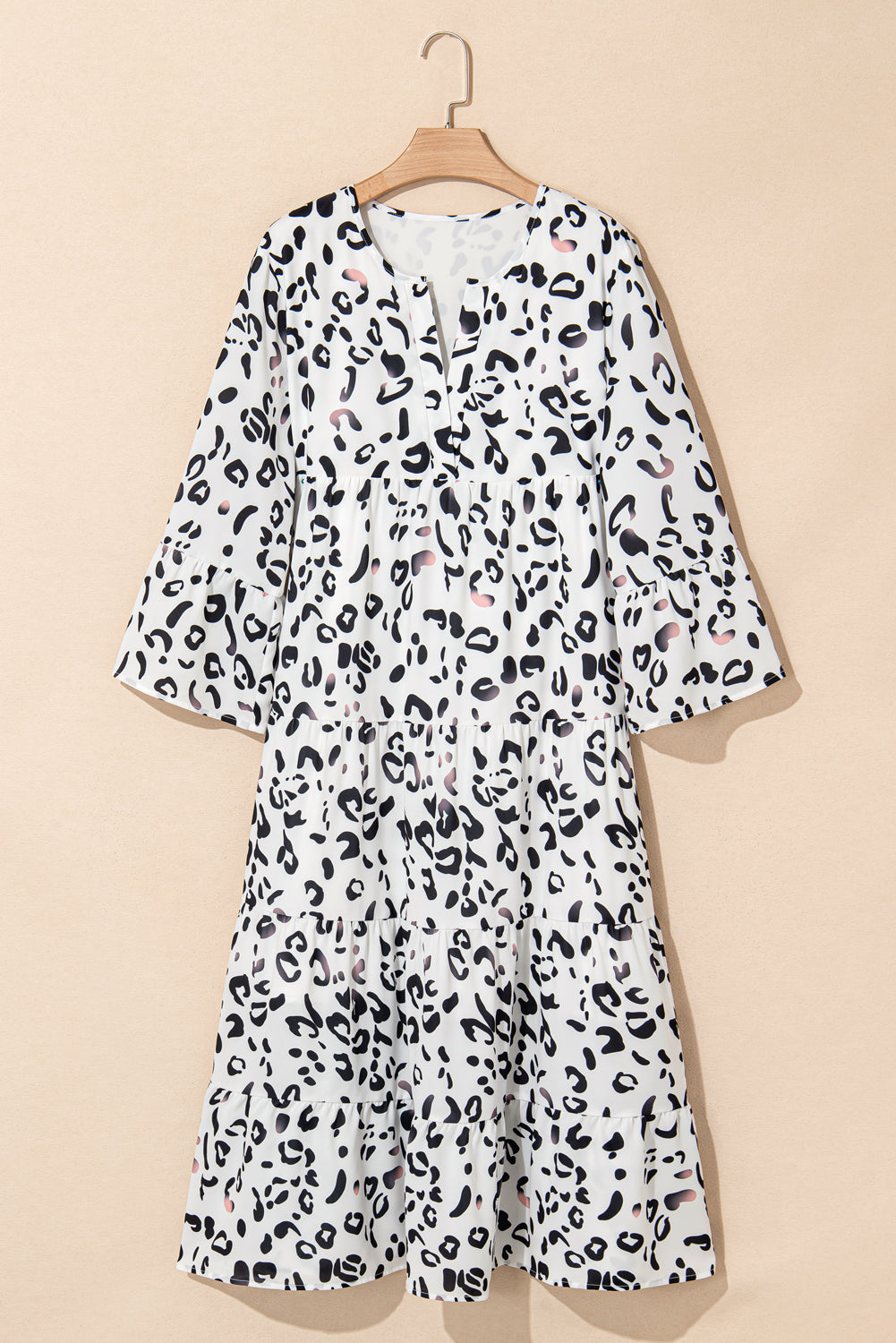 White Leopard Print Notch V Neck Loose Fit Maxi Dress