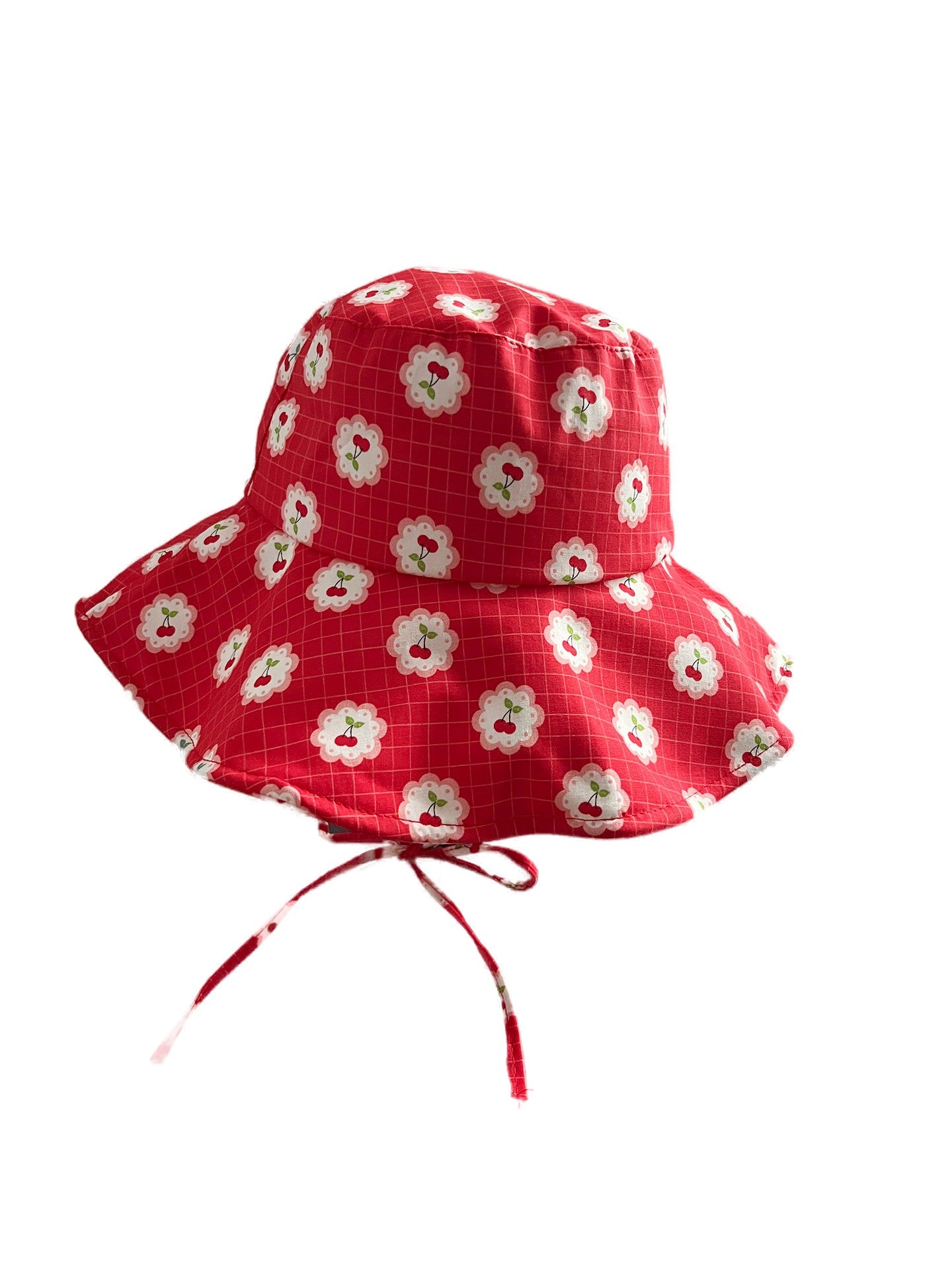 Women's Red Cherry Floral Cotton Bucket Sun Hat with Wide Brim and Tie Straps