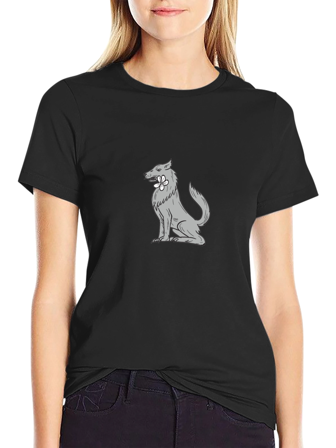 Wolf with Flower Graphic Tee - Cool Black T-Shirt