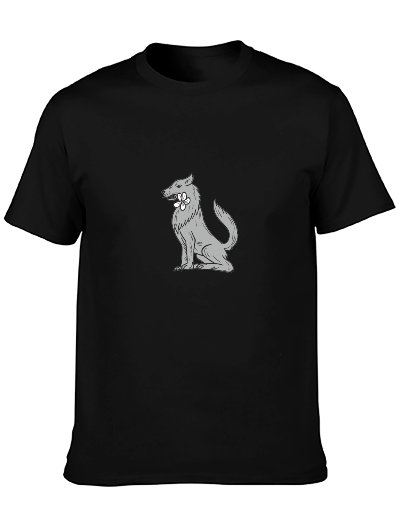 Wolf with Flower Graphic Tee - Cool Black T-Shirt
