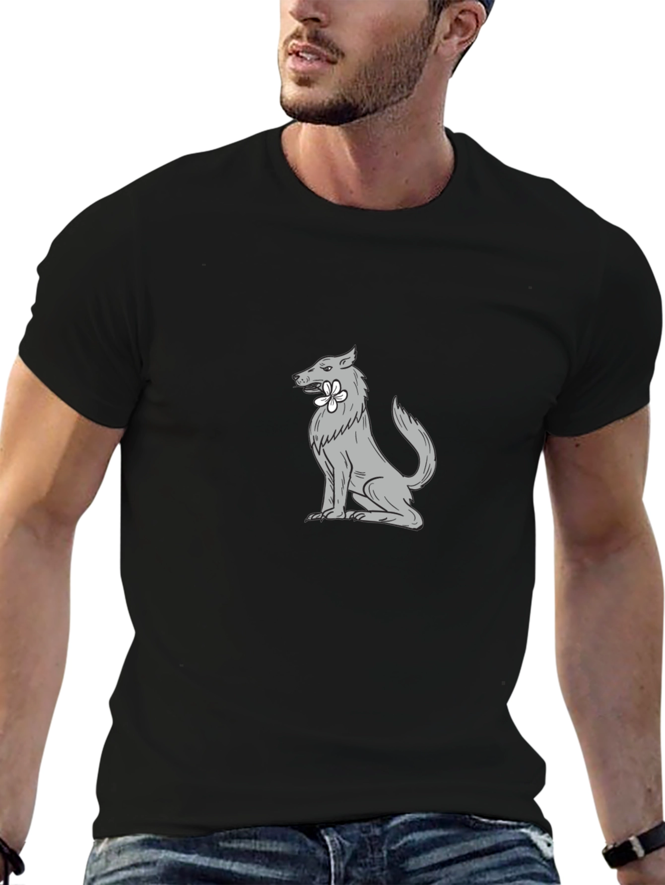 Wolf with Flower Graphic Tee - Cool Black T-Shirt