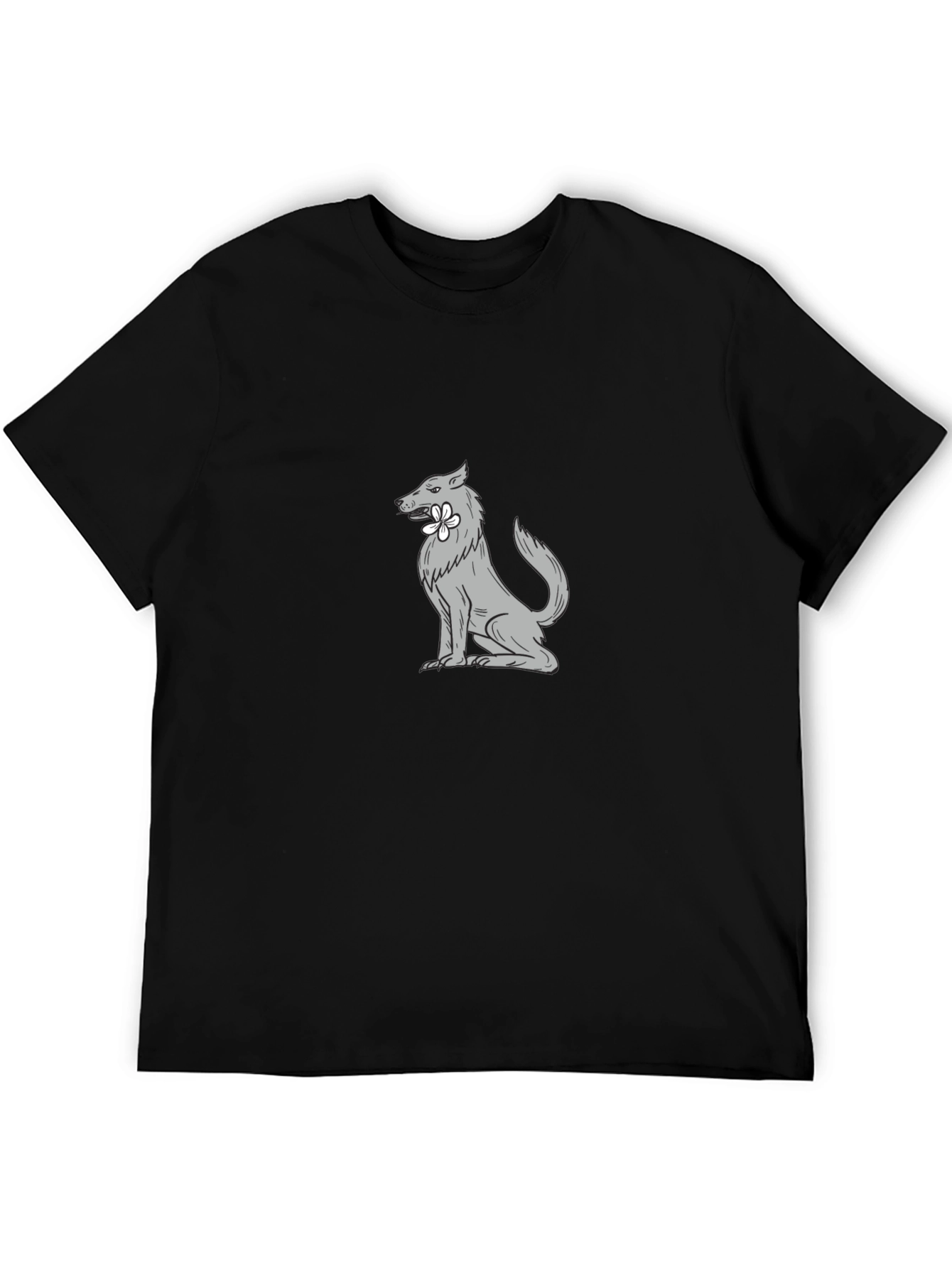 Wolf with Flower Graphic Tee - Cool Black T-Shirt