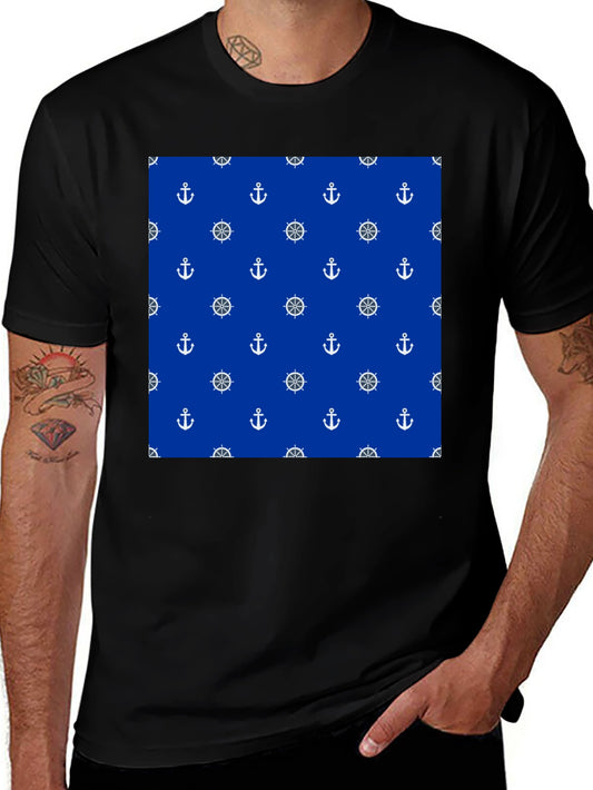 Nautical Anchor & Wheel Pattern Tee - Classic Black