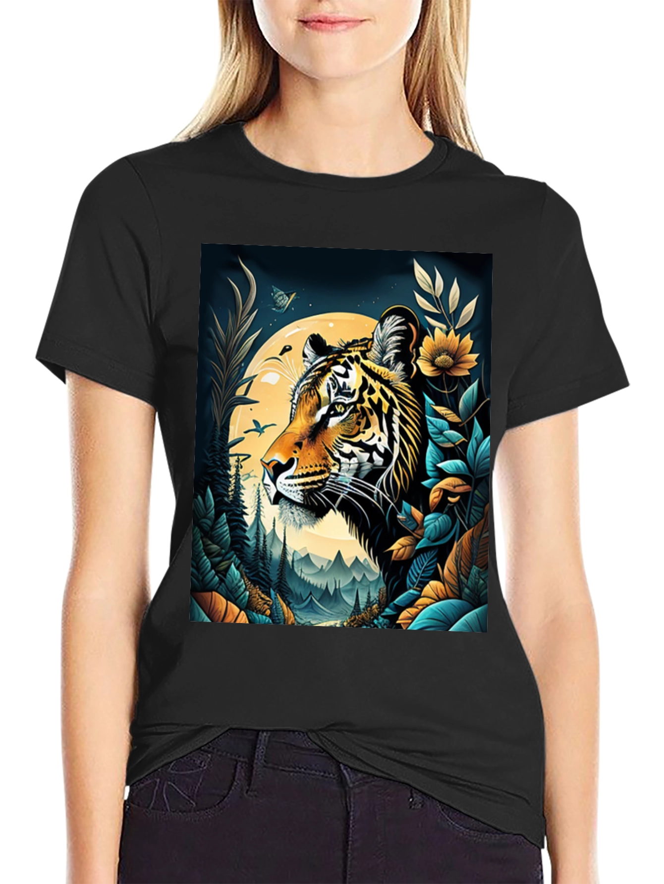 Tiger Graphic Print Crew Neck T-Shirt